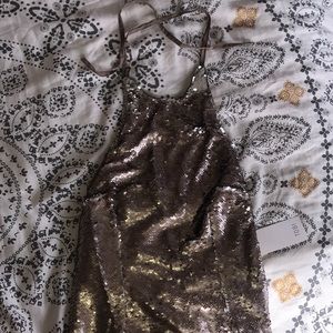 SEQUIN GOLD HALTER OPEN BACK MINI DRESS